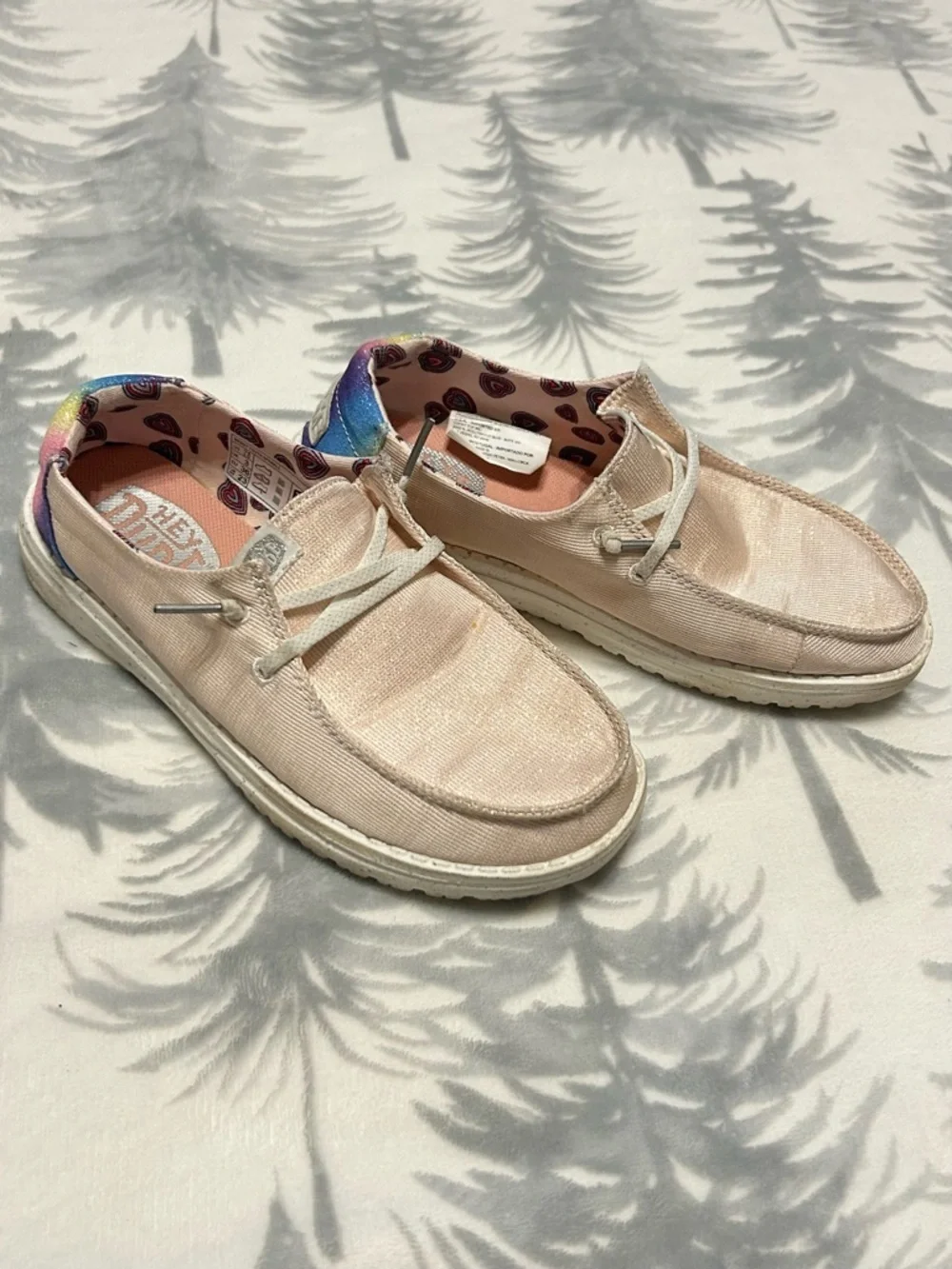 Hey Dude Light Pink Canvas Slip-Ons with Rainbow Heel Accent